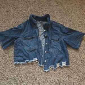 No Boundaries Dark Blue Cropped Denim Jacket